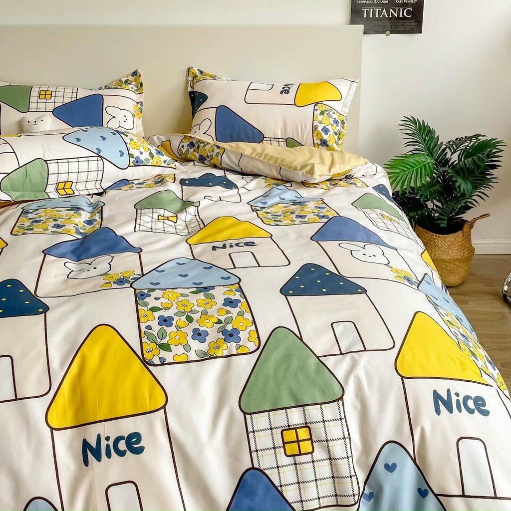 Bộ chăn ga gối Cotton Poly M2T bedding ngôi nhà nhỏ, vỏ chăn mền, drap giường và 2 vỏ gối