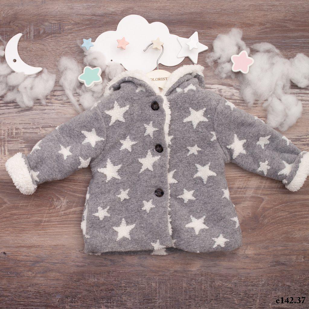 Áo khoác dạ lót lông màu ghi họa tiết ngôi sao cho bé