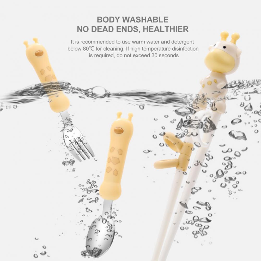 4 Cái/bộ Trẻ Em Bộ Đồ Ăn Hình Hoạt Hình Hươu Chống Bỏng Nước Thép Không Gỉ ABS Muỗng Nĩa Đũa Tập Ăn