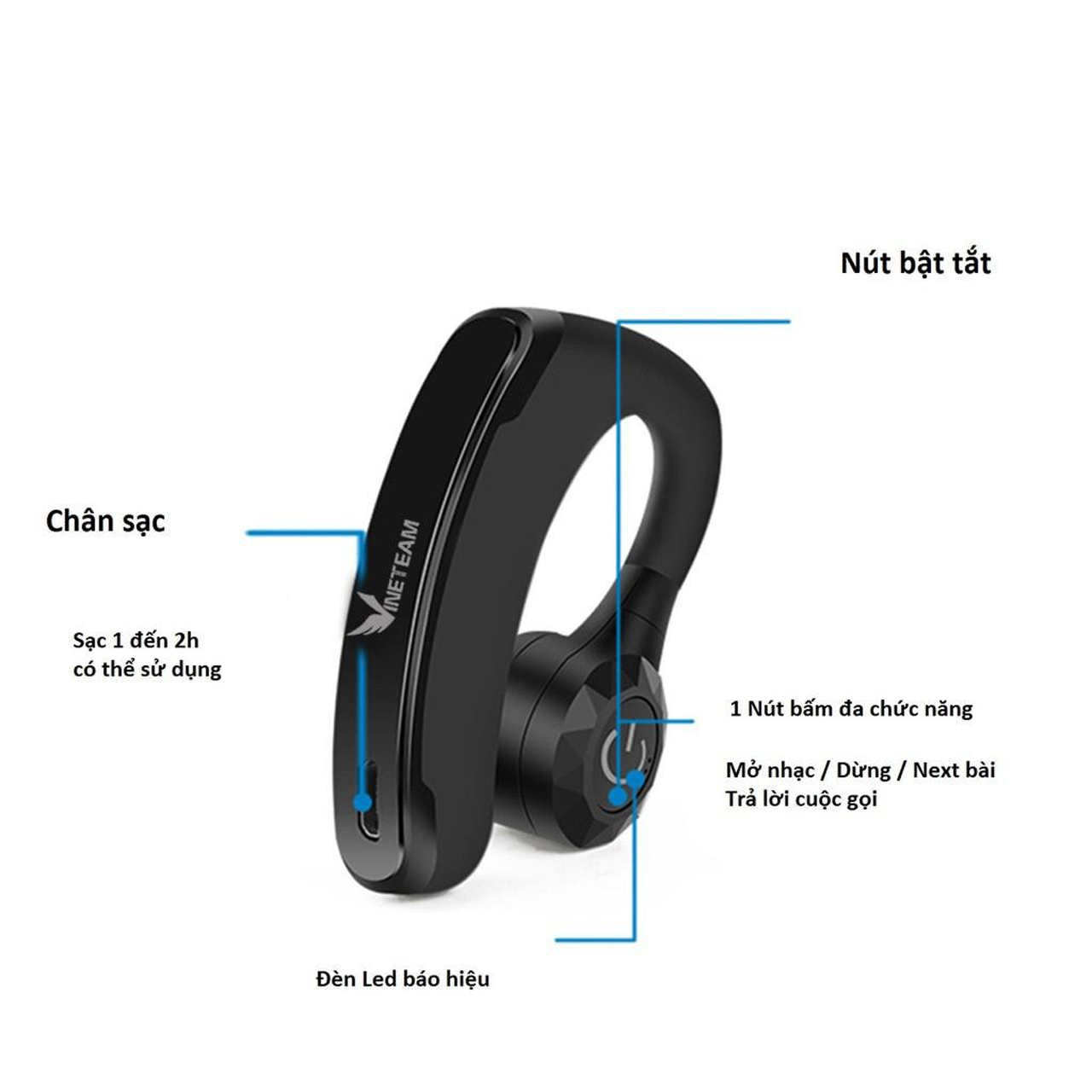 Vinetteam Tai Nghe Bluetooth V11 Tai Nghe Nhét Tai Không Dây Có Mic Đàm Thoại Nghe Nhạc - Hàng Chính Hãng