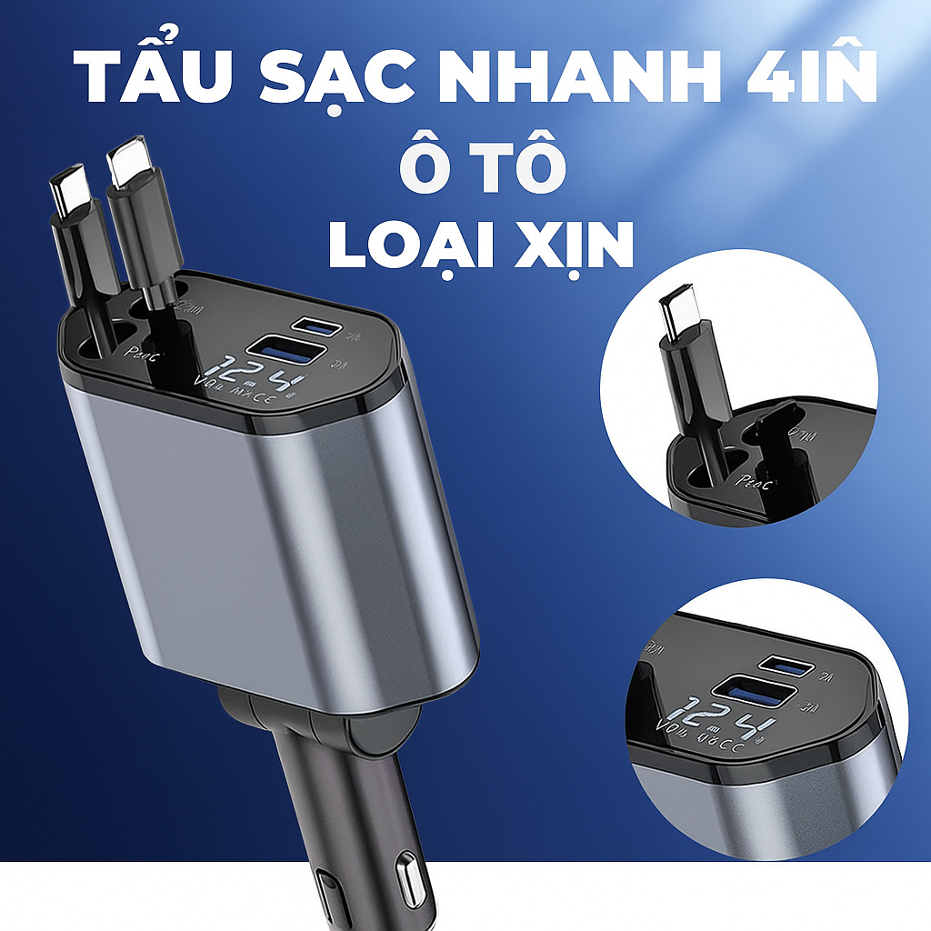 Tẩu Sạjc Nhanh Ô Tô 120W 4-in-1 – Sạc Siêu Nhanh, Có Đồng Hồ Báo Vôn Thông Minh, đèn trang trí