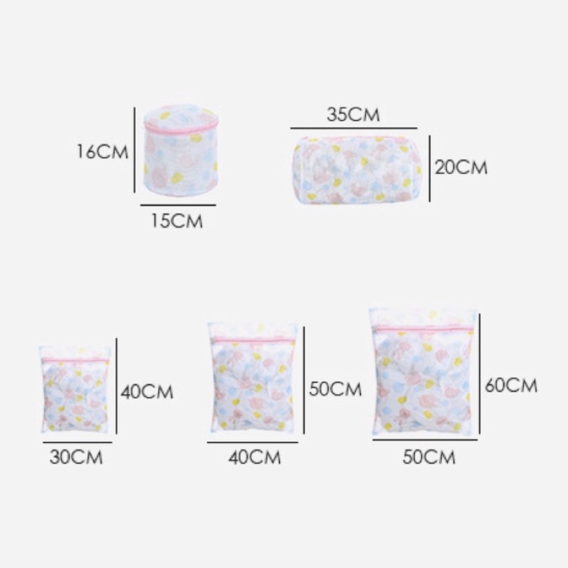 Combo 5 túi lưới giặt quần áo nhiều kích thước, họa tiết dễ thương, không xù lông, độ bền cao