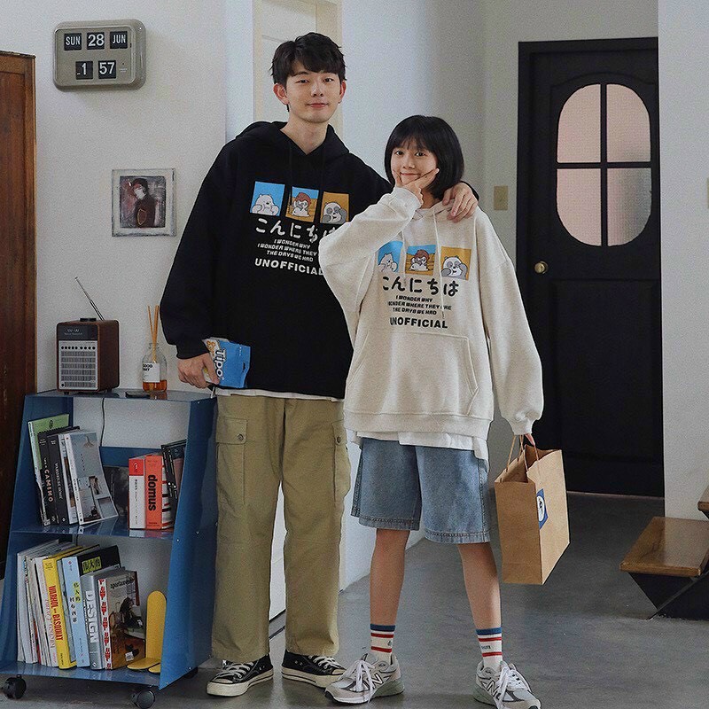 Áo Khoác Hoodie Chất Liệu Nỉ Ngoại Form Rộng Phong Cách Hàn Quốc In Họa Tiết Những Chú Gấu