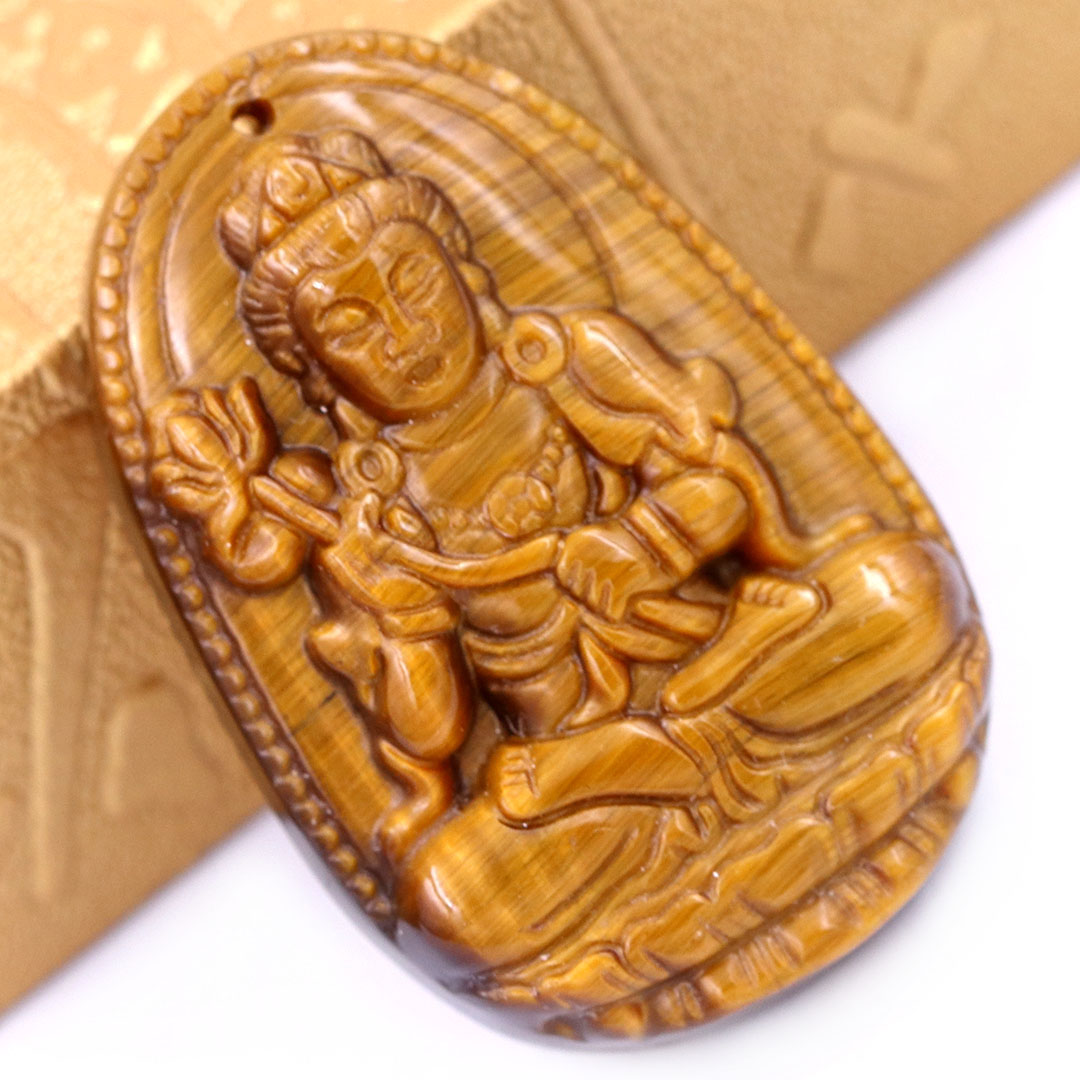 Mặt Phật Đại thế chí đá mắt hổ 3.6 cm kèm móc và vòng cổ dây cao su nâu, Mặt Phật bản mệnh