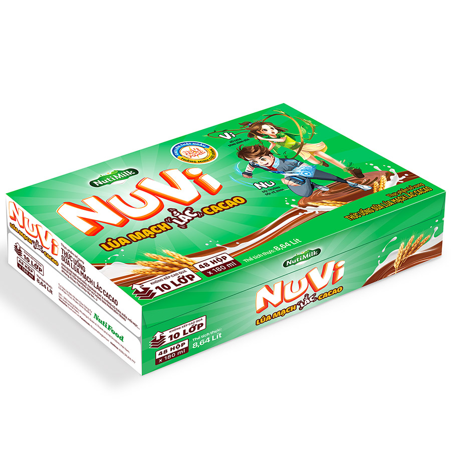 Thùng 48 hộp NuVi Thức uống Sữa Lúa mạch Lắc Cacao hộp 180 ml