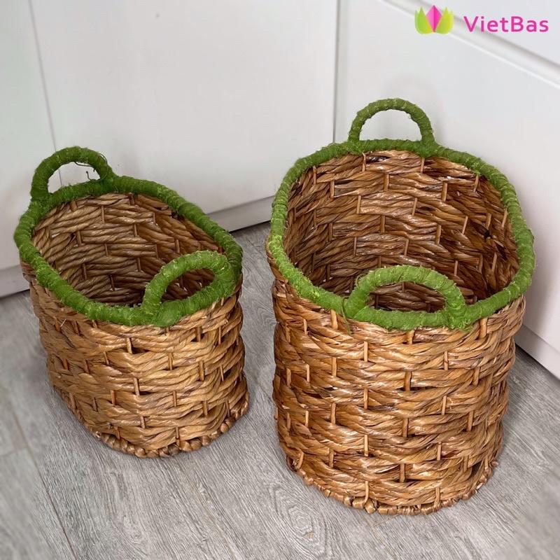 Giỏ lục bình tay cầm màu xanh VIETBAS tròn có quai MAU08