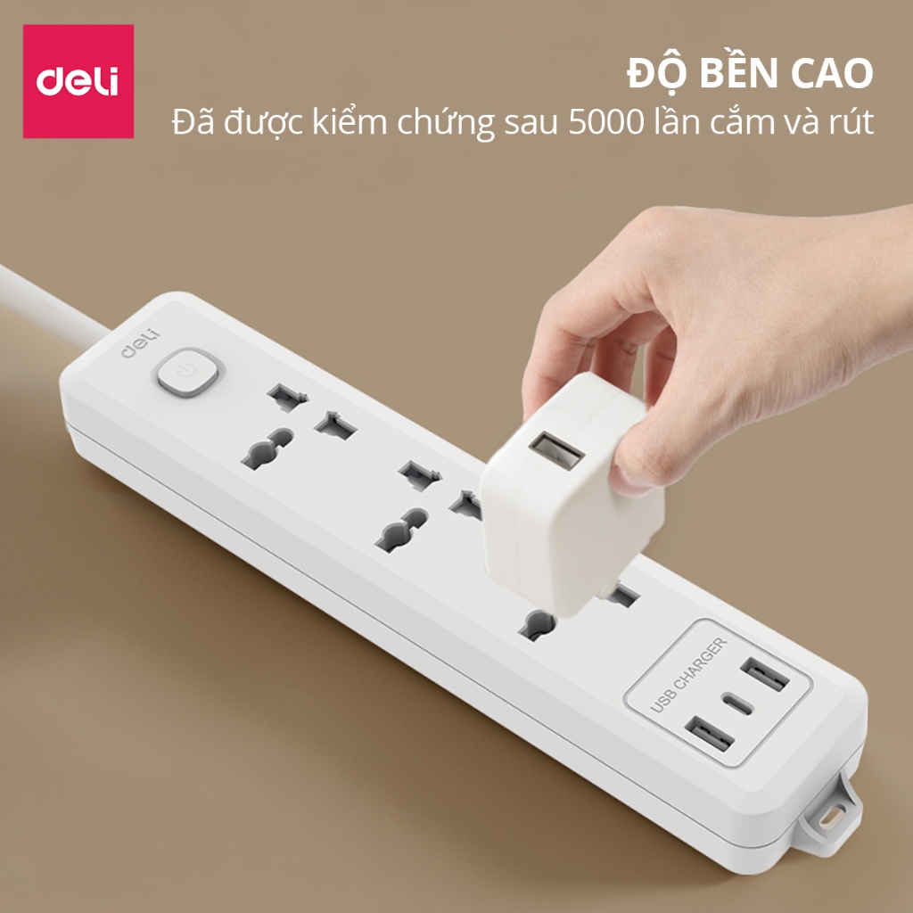 Ổ Cắm Điện Mẫu Mới 2025 Deli Ổ ĐIện Đa Năng Chống Cháy Nổ 2500W Cổng Sạc USB/ TypeC Thông Minh