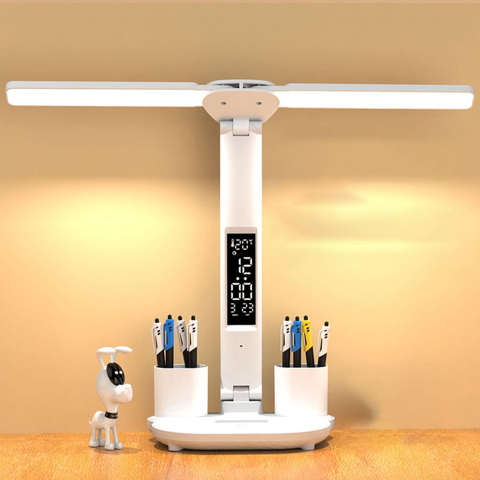 LED Desk Lamp Rechargeable with Clock Date Temperature Table Lamp Dorm