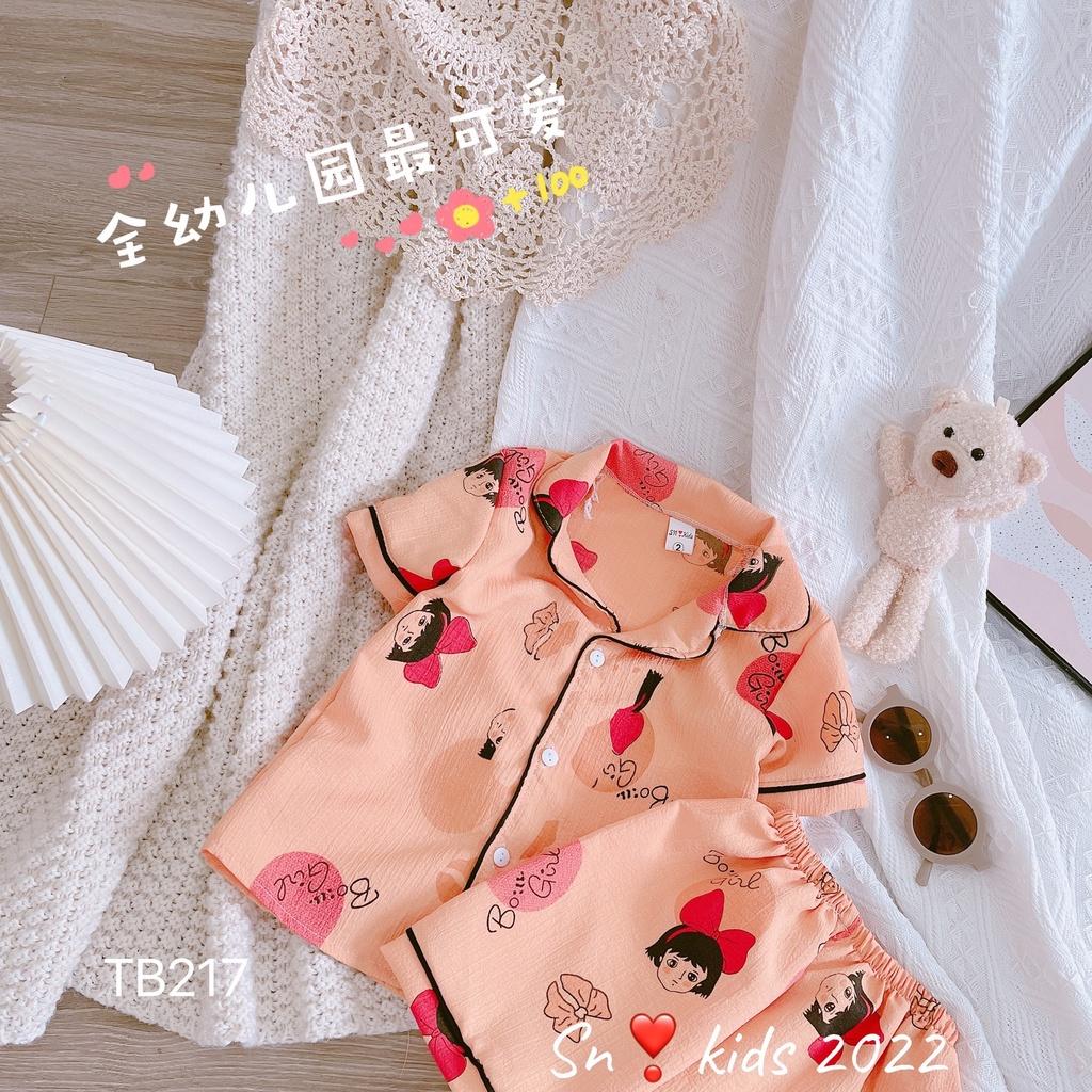 Bộ pyjama cộc tay cho bé gái vải đũi xốp thoáng mát, mềm mại, nhiều màu sắc và họa tiết size từ 10 đến 20 kg