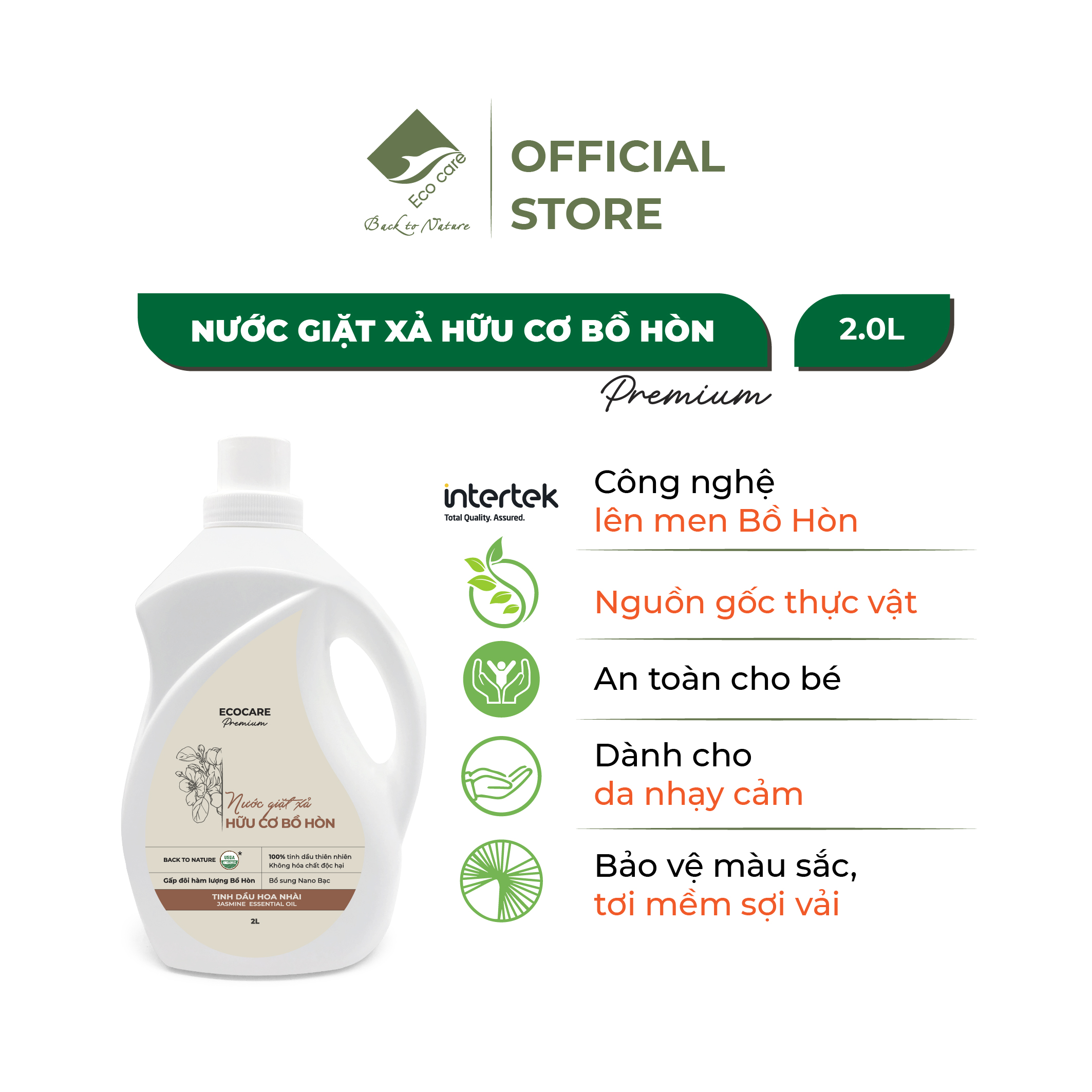 [Premium] Nước giặt xả hữu cơ cao cấp Bồ Hòn tinh dầu Hoa nhài ECOCARE - An toàn cho bé - Bền màu, giữ dáng, làm mềm vải