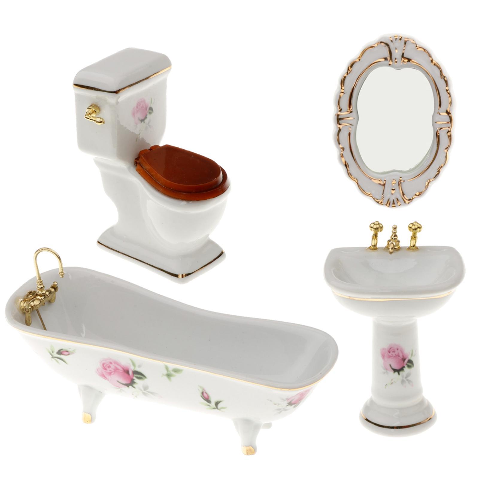 Bathroom Decor Floral Toilet Bathtub Set Dollhouse Miniature Accs 1:12 #5