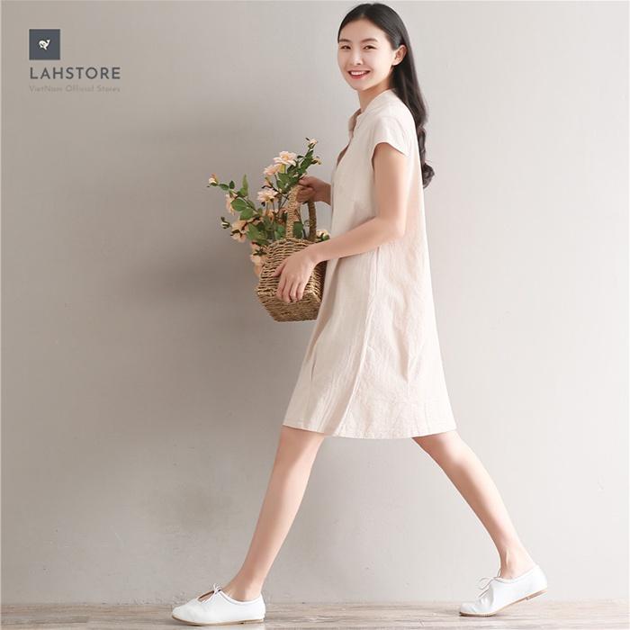 Đầm suông đũi cổ trụ LAHSTORE phối túi bên hông