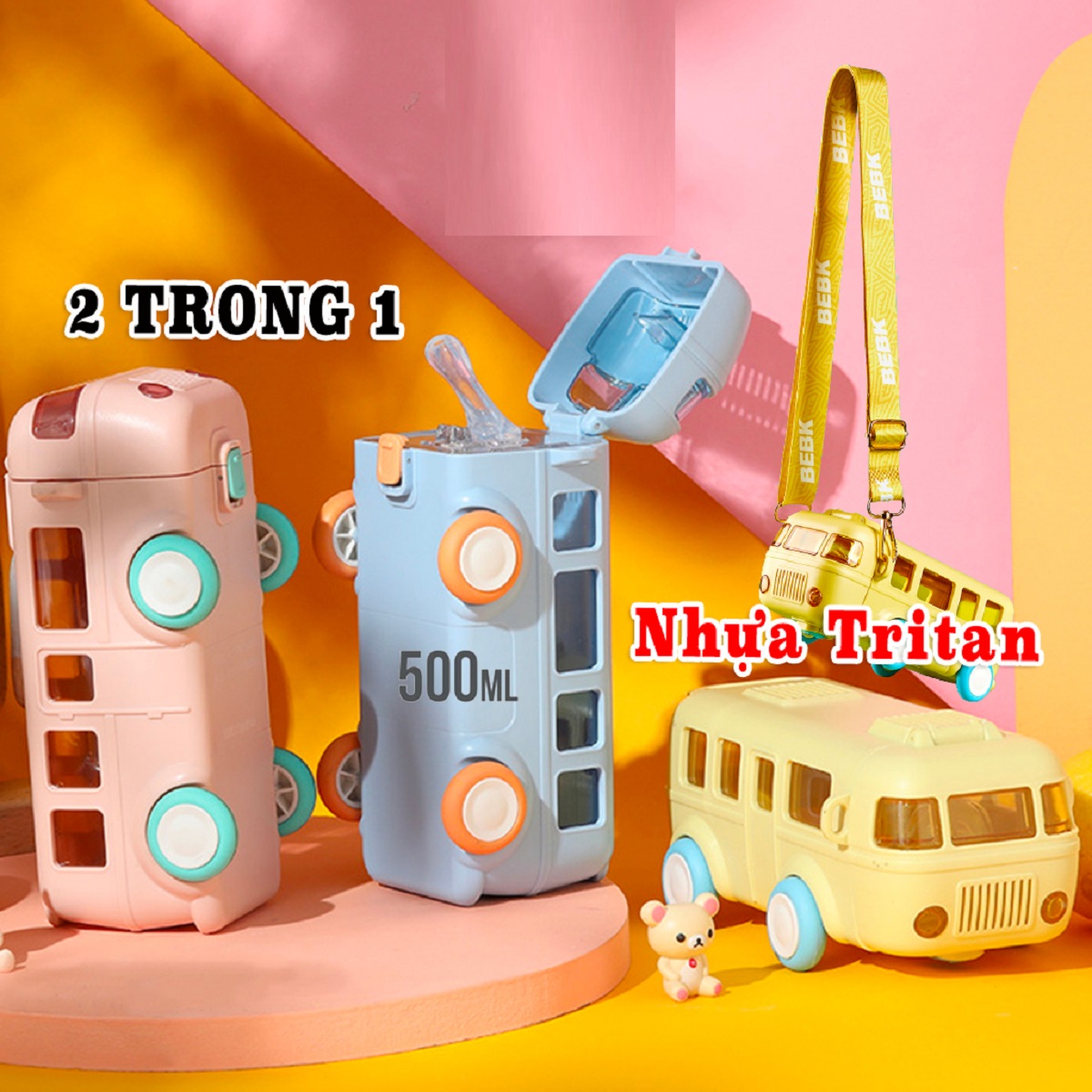 Bình Nước Hình Xe Bus  Cốc Nước Ô Tô Ngoài Trời Dung Tích 500m 2 lớp , chai nước hình xe bus gấu cho gia đình Cool cute bus for kid