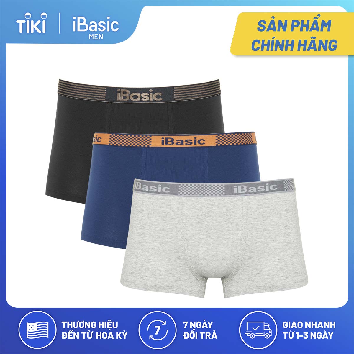 Combo 3 quần lót nam trunk iBasic PANM078 - Đen/Xám/Xanh