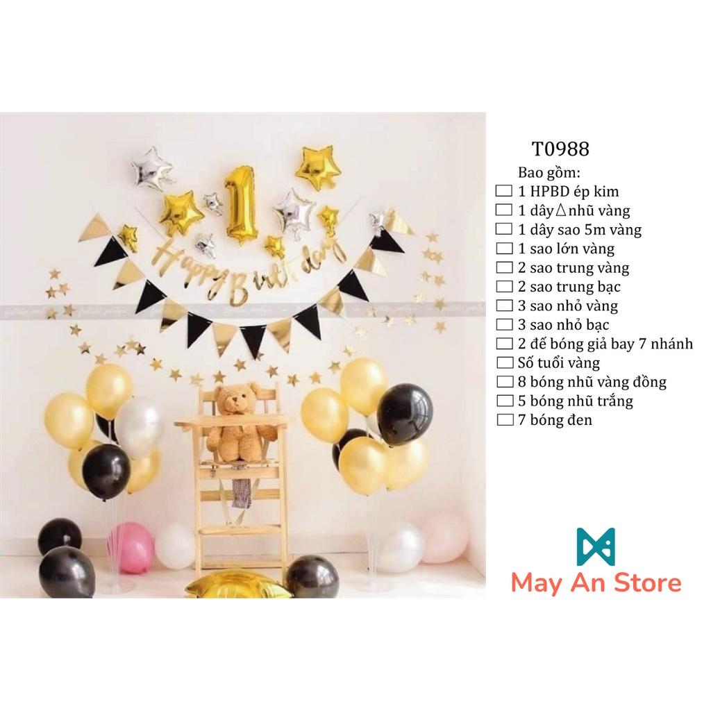Combo bong bóng trang trí sinh nhật Happy Birthday cho Bé gái tone màu vàng gold đen - Đầy đủ phụ kiện
