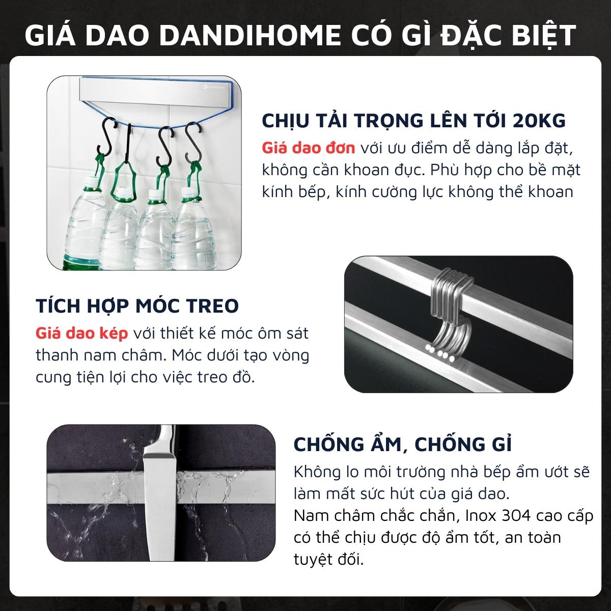 Giá dao nam châm vĩnh cửu Inox 304 DandiHome cao cấp