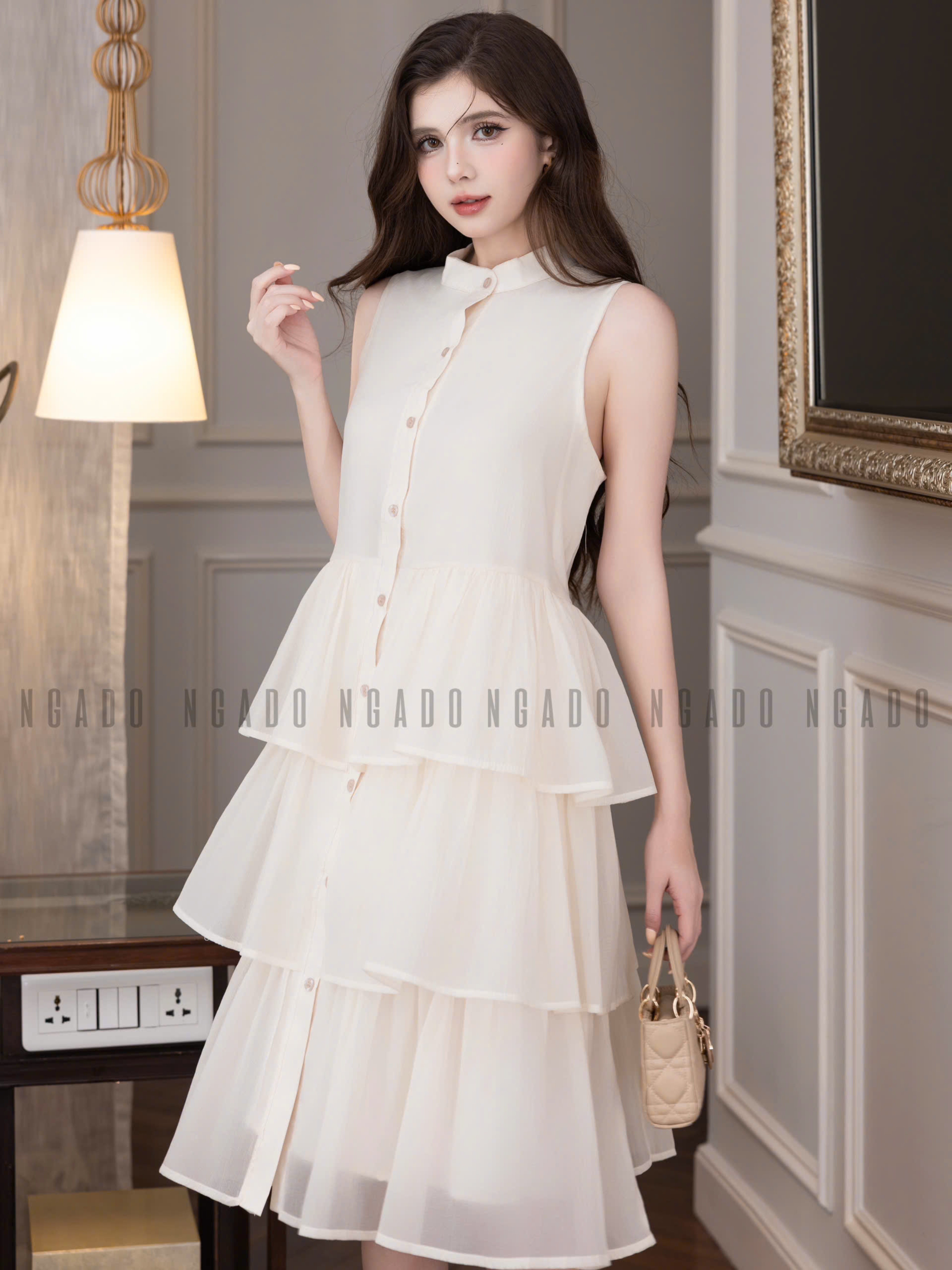 Đầm babydoll kem vàng cổ trụ NGADO , đầm babydoll , đầm Nữ
