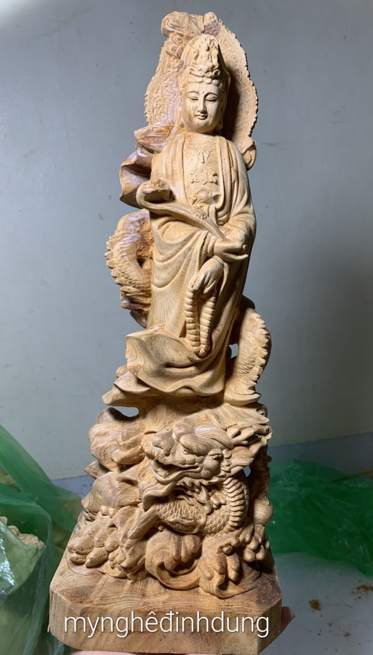 Tượng mẹ quan âm bồ tát cưỡi rồng bằng ngọc am thơm nức kt cao 40x14,5x11cm