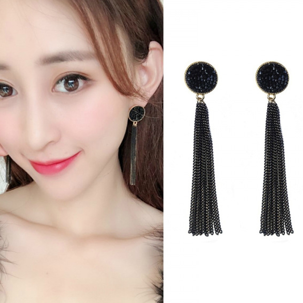 Bông Tai Mỹ Ký Tròn Đá Đen 8 Dây Tua 60 Số 1, Thiết Kế Đẹp, Thời Trang, Phụ Kiện Tạo Điểm Nhấn Trong Các Sự Kiện, Chất Liệu Sang Trọng, Sợi Hợp Kim Phủ Nhũ Màu Vàng, Dễ Kết Hợp Trang Phục Và Phụ Kiện Khác