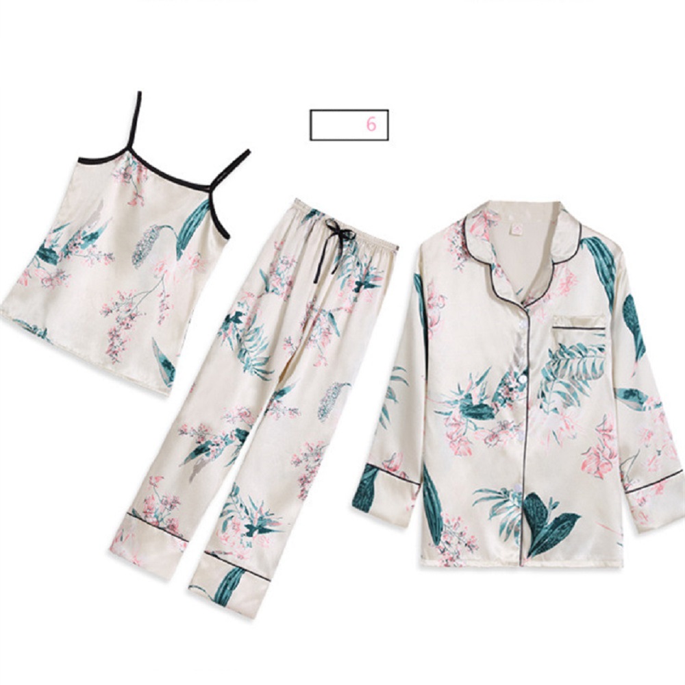 Bộ đồ ngủ, đồ mặc nhà Pyjamas vải lụa set 7 món nhiều cách phối với họa tiết lá cây phong cách Hàn Quốc - Chiara