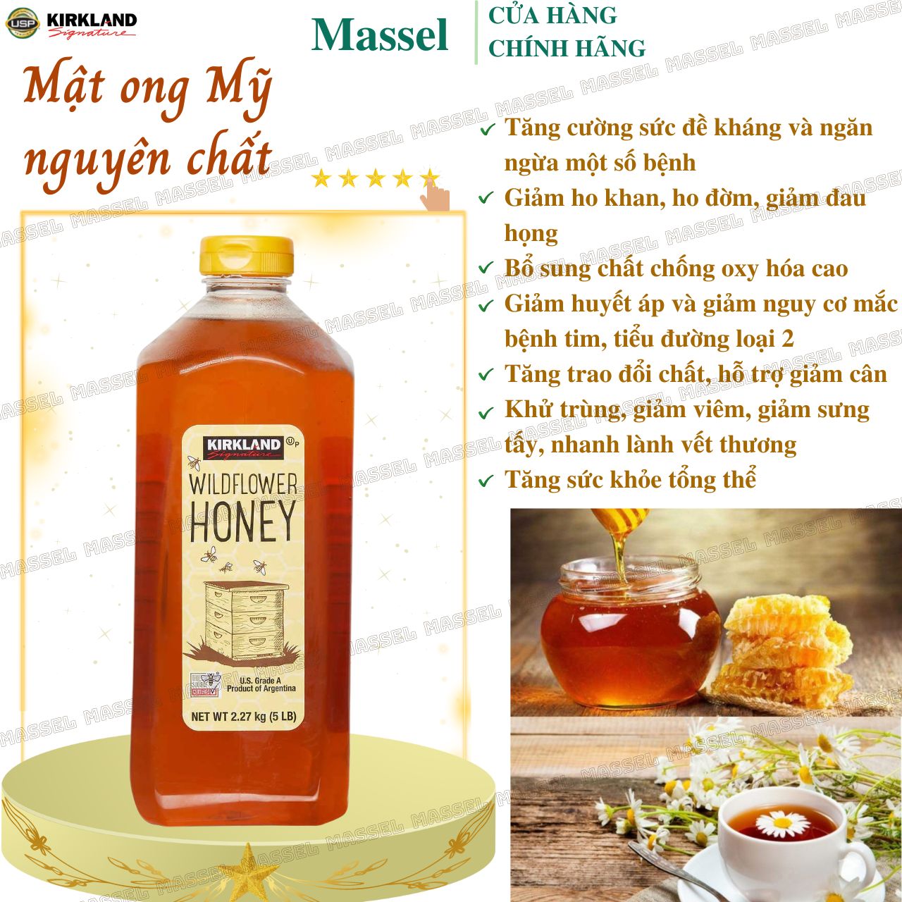 Mật Ong Kirkland Wild Flower Honey Mỹ tăng sức đề kháng, giảm ho, dưỡng ẩm da, môi, chế biến mhiều món ăn ngon bổ dưỡng -2.27kg/chai- Massel Official