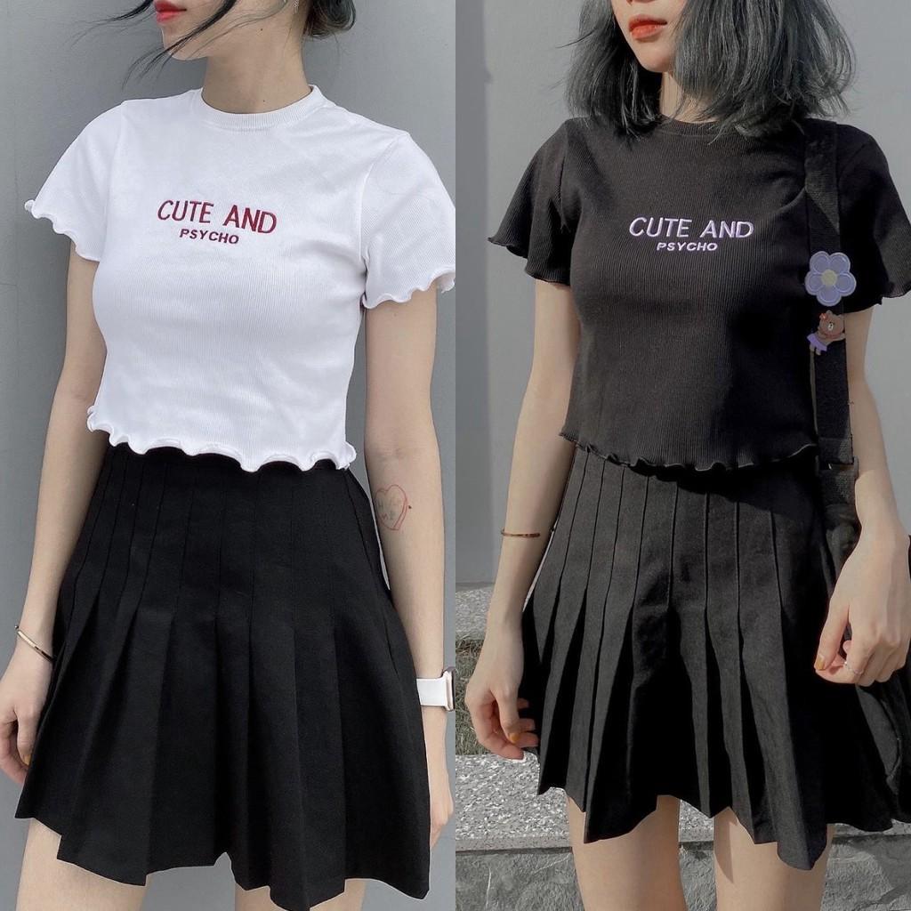 Áo croptop tay nhún cute &amp; psycho, áo croptop nữ 2 màu thêu chữ, áo thun basic.