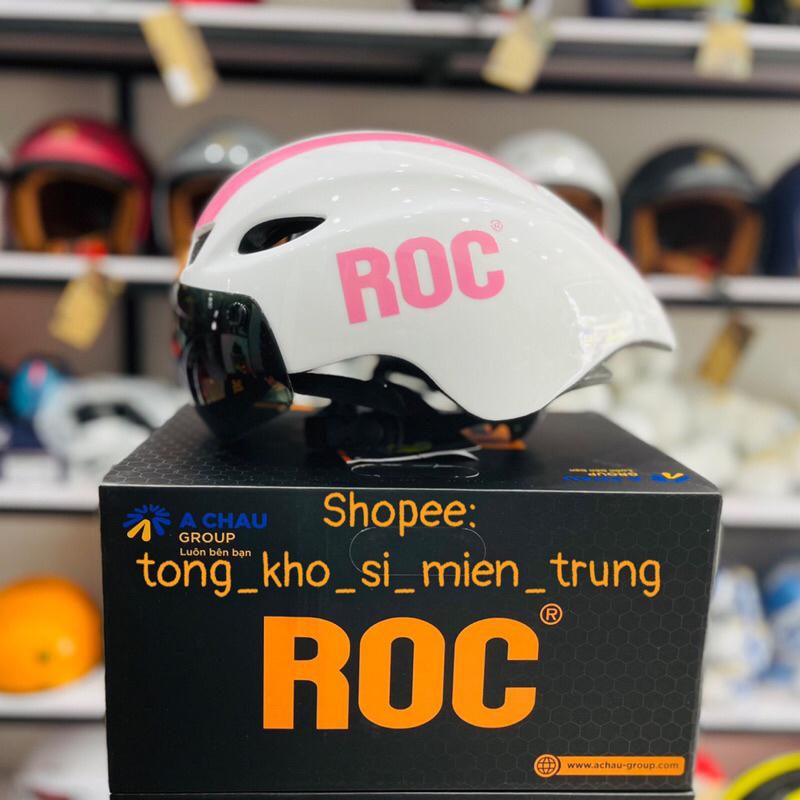 Mũ bảo hiểm thể thao kính hít nam châm ROC R16 đen bóng hồng cao cấp chính hãng giá rẻ đi xe đạp nam nữ thời trang mới