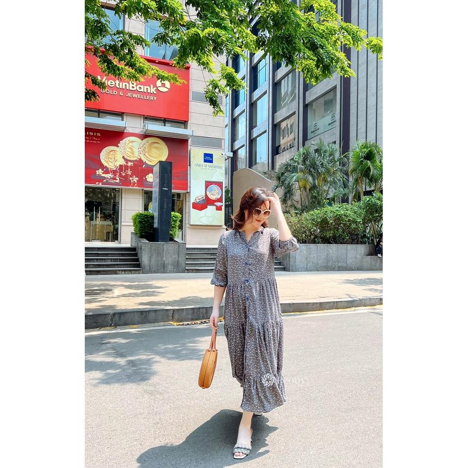 Váy suông, 3 tầng hoa nhí vintage, tay lỡ thoải mái, có dây buộc sau tạo eo, chất liệu lụa cao cấp Peony - STELLA DRESS
