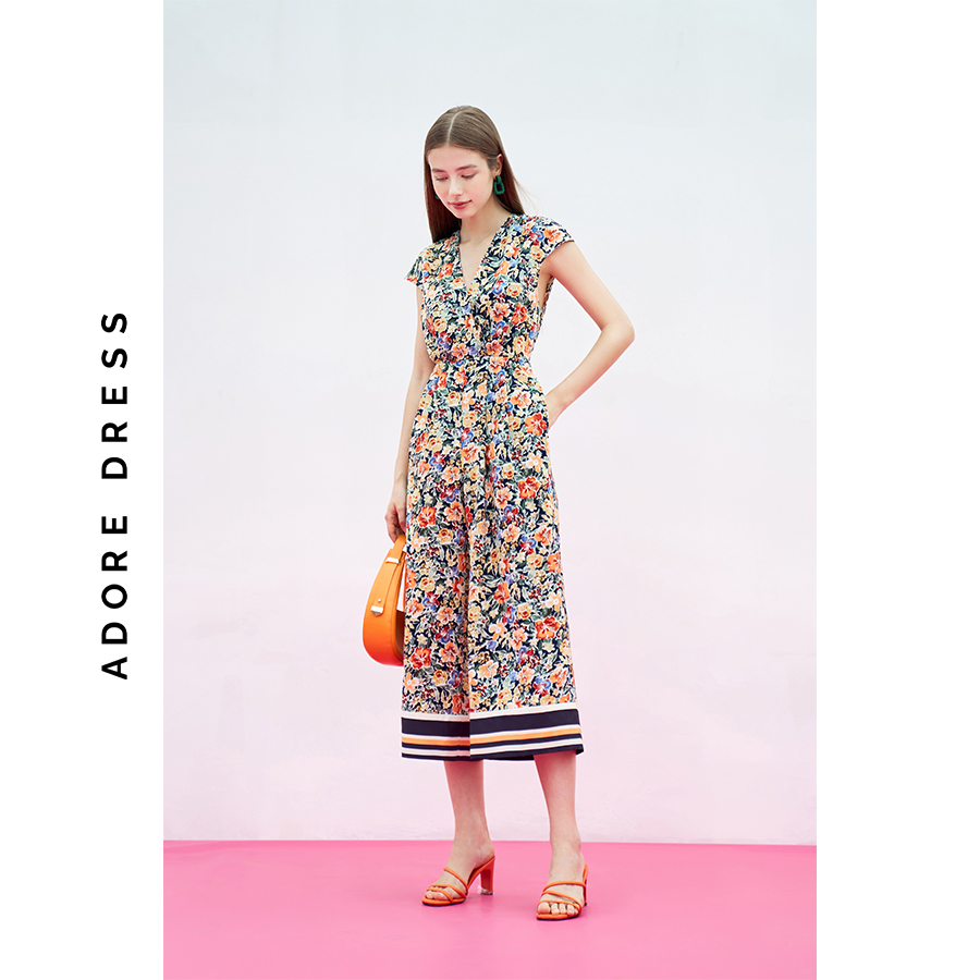 Midi/ maxi jumpsuits lụa navy hoa nhỡ phối gối lửng 311JS2003 ADORE DRESS