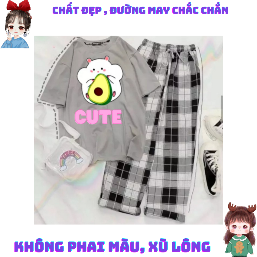 Sét Bộ Nữ, SS07 Sét Đồ Nữ Đi Chơi Đẹp In Hình Sóc Ăn Hạt Dễ Thương,Sét Áo Vải Cotton, Và Quần Kẻ Cá Tính