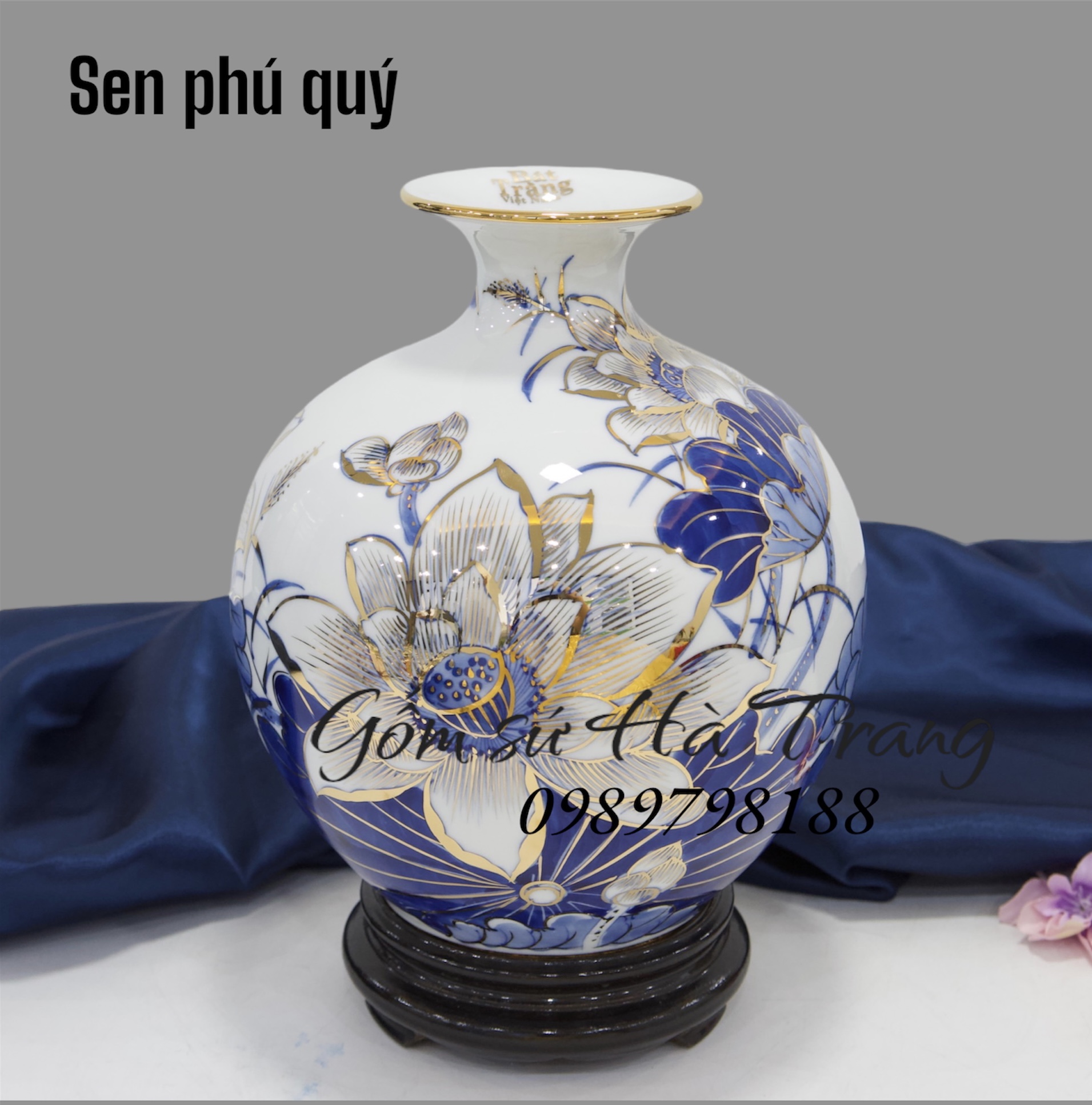 Bình hút tài lộc gốm sứ Bát Tràng cao cấp vẽ vàng hoạ tiết sen phú quý cao 22cm