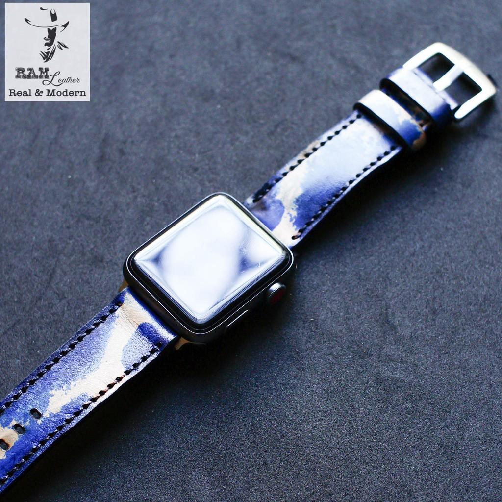 Dây đồng hồ RAM Leather da bò vegtan thảo mộc rằn ri xanh hải quân - tặng khóa chốt và cây thay dây