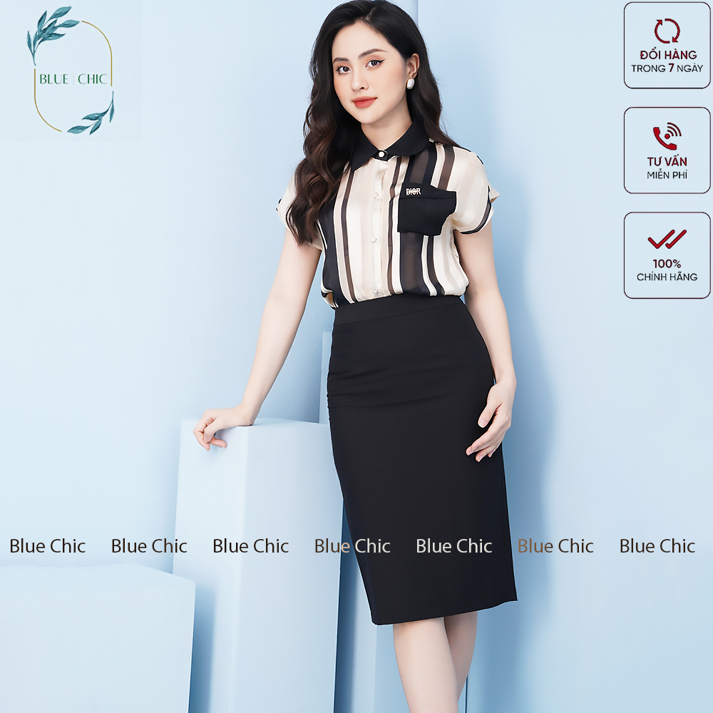 Chân váy Blue Chic bút chì lưng cạp cao có lớp lót đồ công sở ôm body xẻ sau dáng dài màu đen