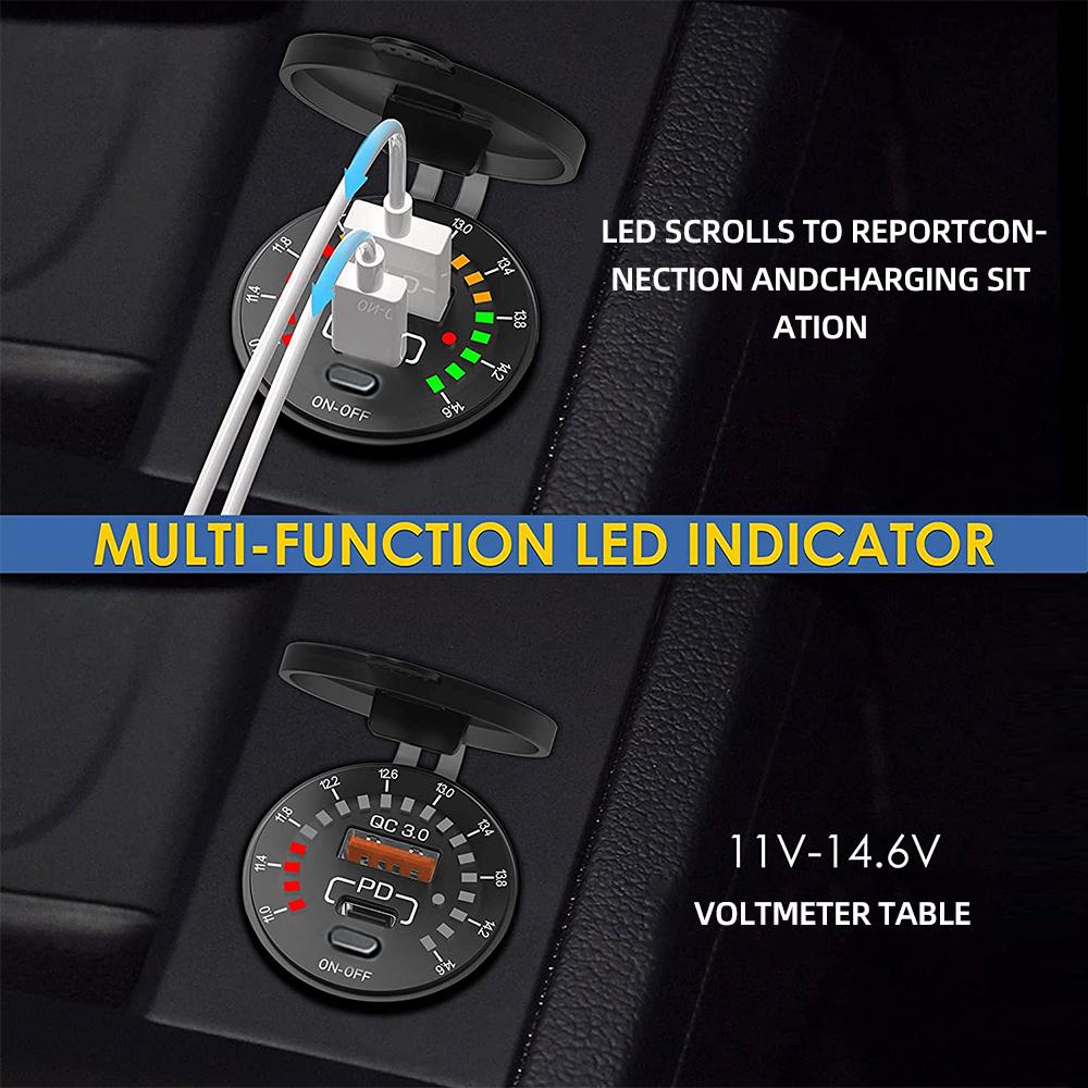 QC 3.0 18W Bộ sạc xe hơi USB kép 12V 24V không thấm nước USB PD Sạc nhanh với Voltmeter LED trên công tắc tắt cho xe máy