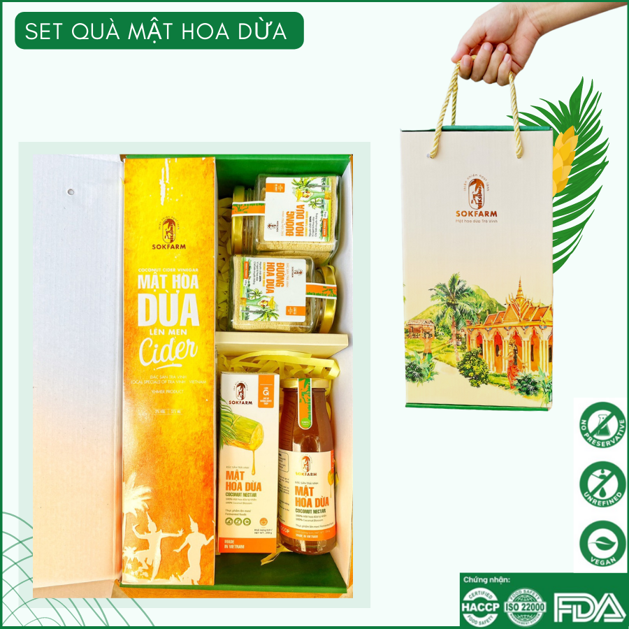 Hộp quà - Cider mật hoa dừa, Đường hoa dừa, Mật hoa dừa cô đặc Sokfarm (4 sản phẩm)