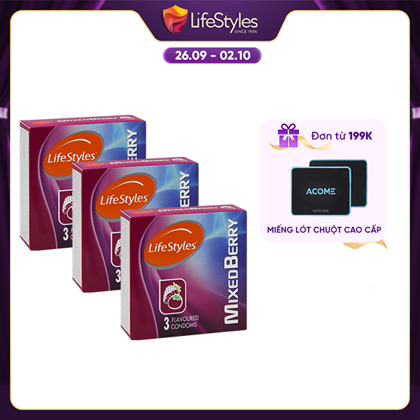 Combo 3 Bao cao su LifeStyles Mixed Berry Hương dâu cao cấp tăng khoái cảm 3 bao