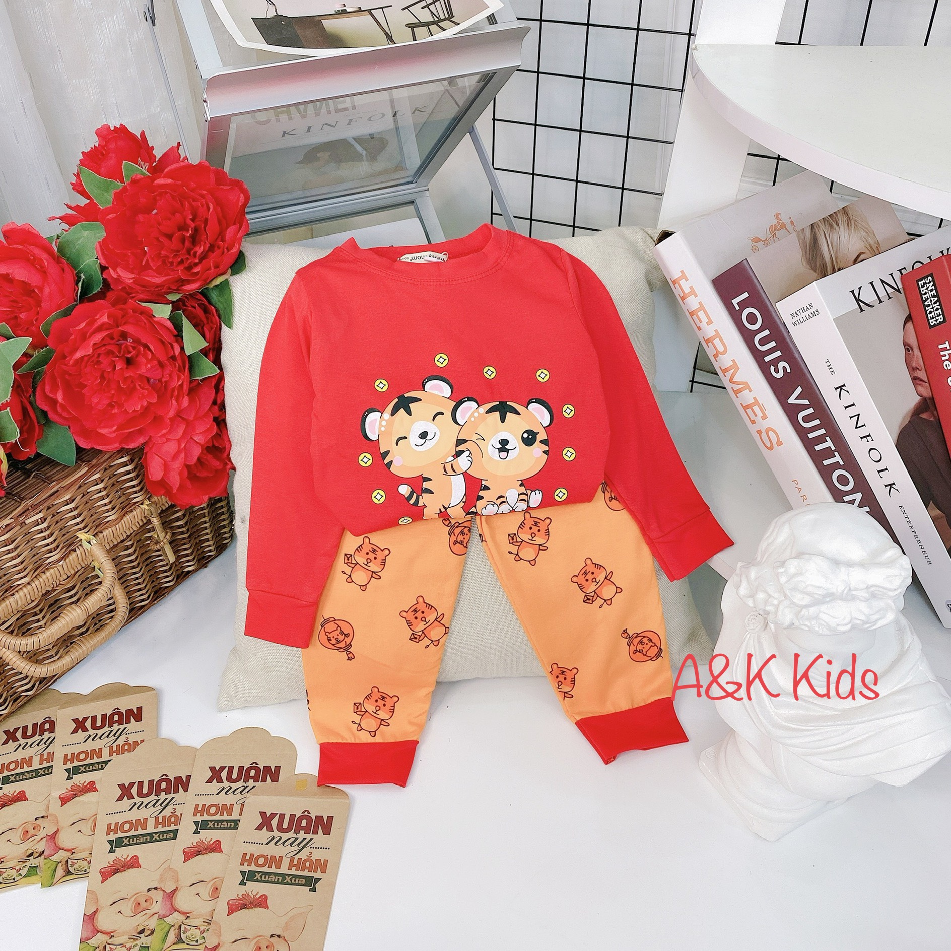 [HCM] FULL SIZE (từ 8-28kg) MINKY MOM Bộ cotton dài tay phối màu họa tiết TẾT 2022 cho bé trai bé gái