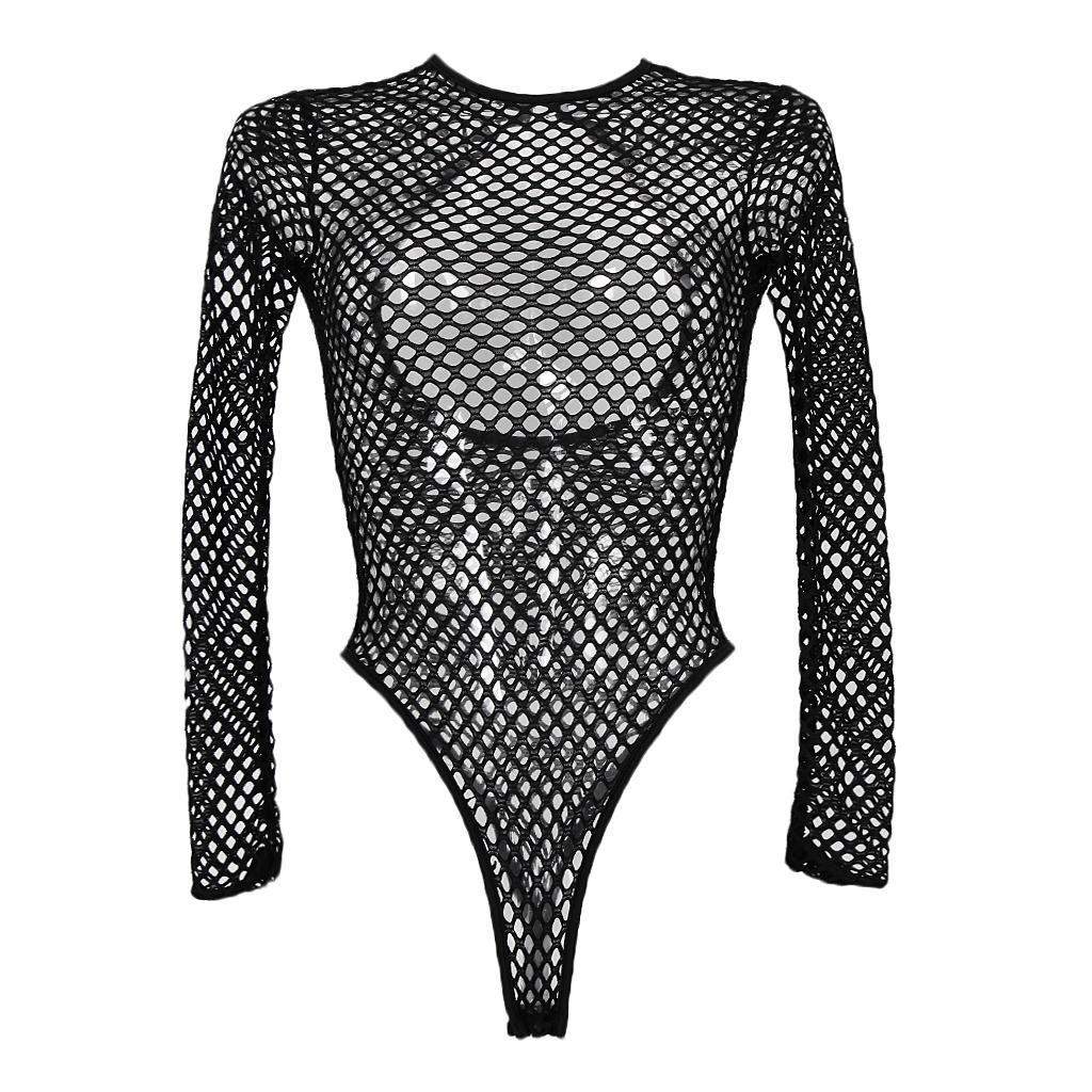 Women's Tight Mesh Long Sleeve Backless Bodysuit Jumpsuit Shapewear One Piece Swimsuit