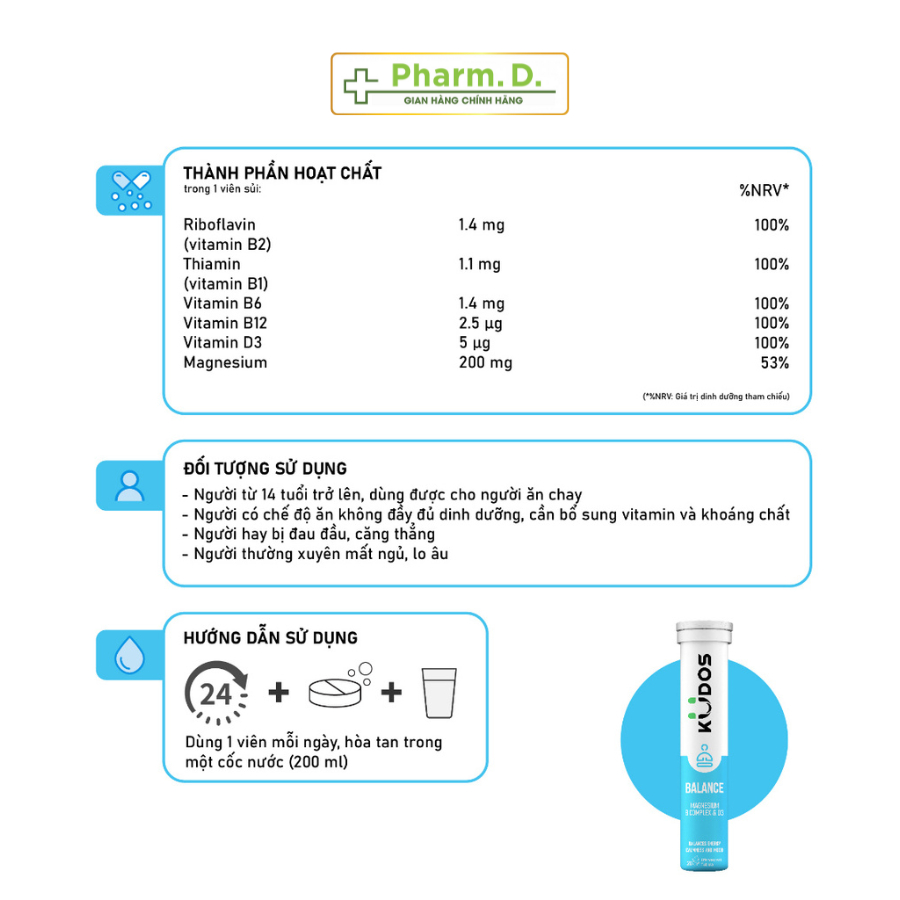 Viên Sủi KUDOS Balance Bổ Sung Magie, Vitamin Nhóm B, D3 Hỗ Trợ Giảm Căng Thẳng, Ngủ Ngon
