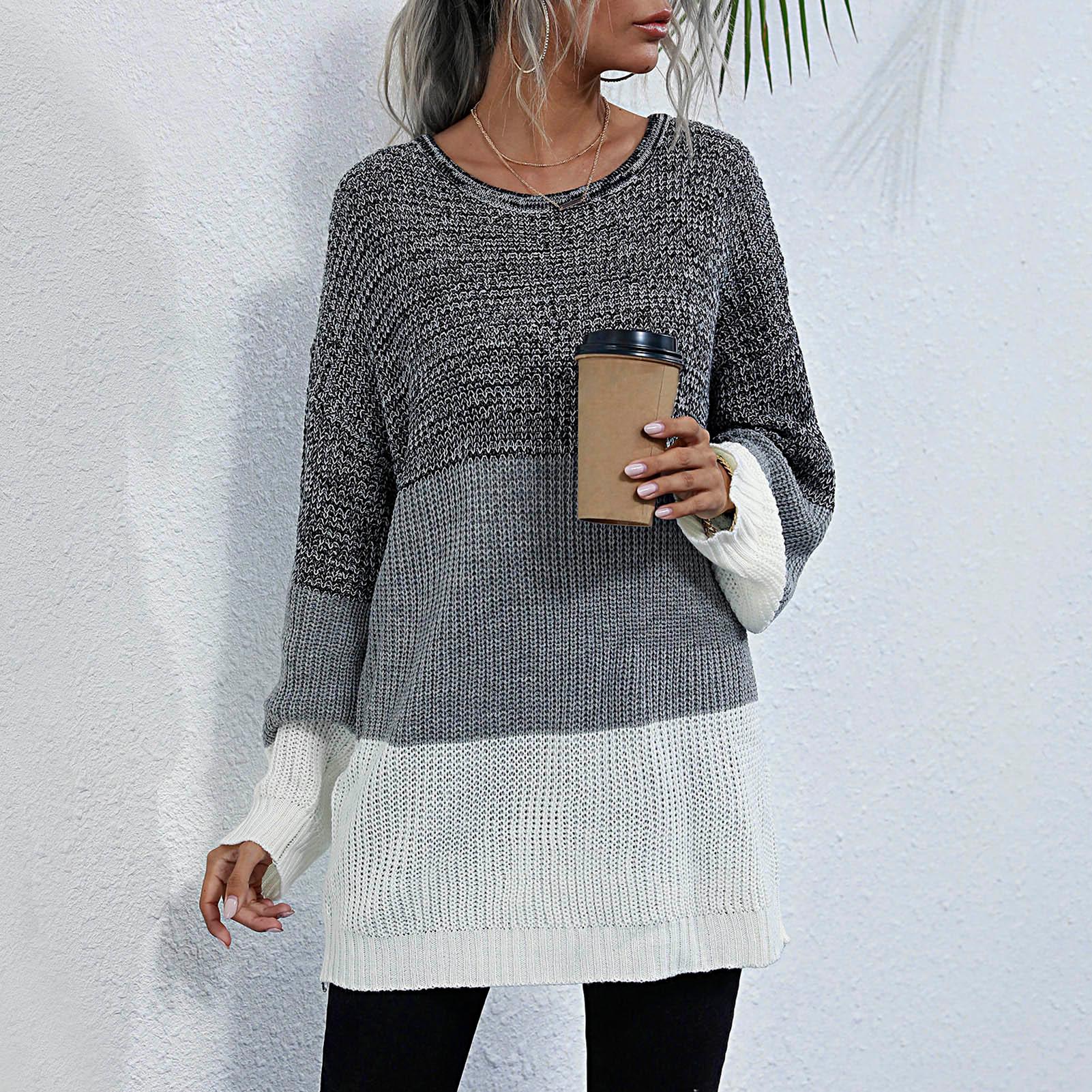 Women Knitted Sweater Splicing O Neck Long Sleeve Soft Autumn Winter Loose Pullovers Tunics Casual Jumper
