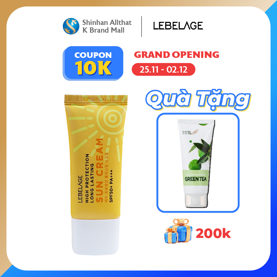 Kem Chống Nắng Chống Thấm Nước Lebelage SPF50+ Pa+++ High Protection Long Lasting Sun Cream Chiết Xuất Lá Lô Hội 30ml