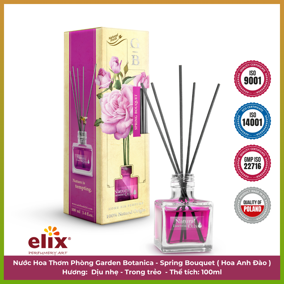 Nước hoa thơm phòng Elix - Garden Botanica - Hương Spring Bouquet (Hoa Anh Đào) - 100ml Khử mùi tốt, lưu hương lâu, sản phẩm Chính Hãng nhập khẩu Ba Lan