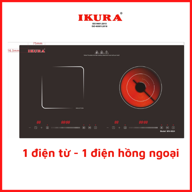 Bếp Điện Đôi IKURA EIV-0824  ( 1 bên Điện từ - 1 bên Điện Hồng Ngoại)  - Hàng Chính Hãng