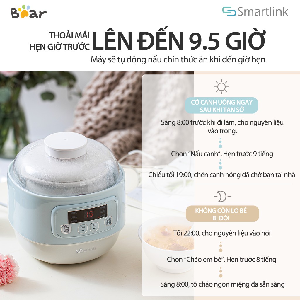 Nồi nấu cháo, ninh, hầm cách thủy Bear DDZ-A08G2 4in1 - Bảo hành 18 tháng - Hàng chính hãng