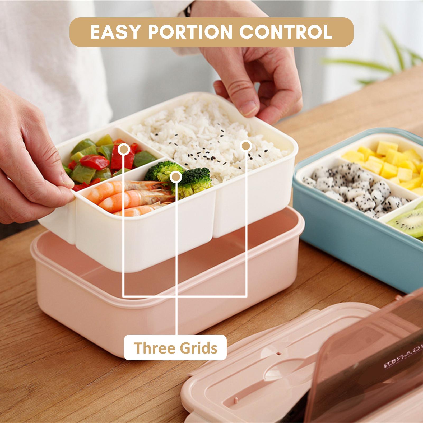 1400ml Plastic Lunch Box With Fork and Spoon 3 Compartment Single-layer Leakproof Reusable Crisper Sealed Bento Box