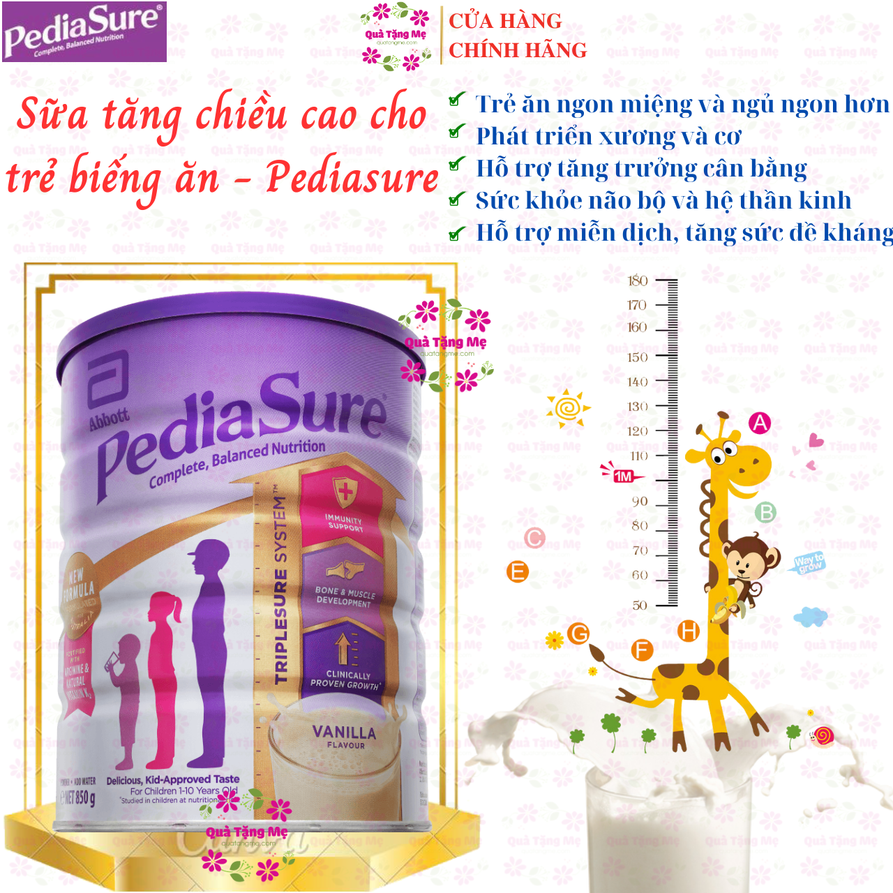 Sữa tăng chiều cao cho trẻ biếng ăn từ 1-10 tuổi Úc Pediasure Vanilla giúp phát triển cân đối chiều cao, cân nặng, trí não - QuaTangMe Extaste