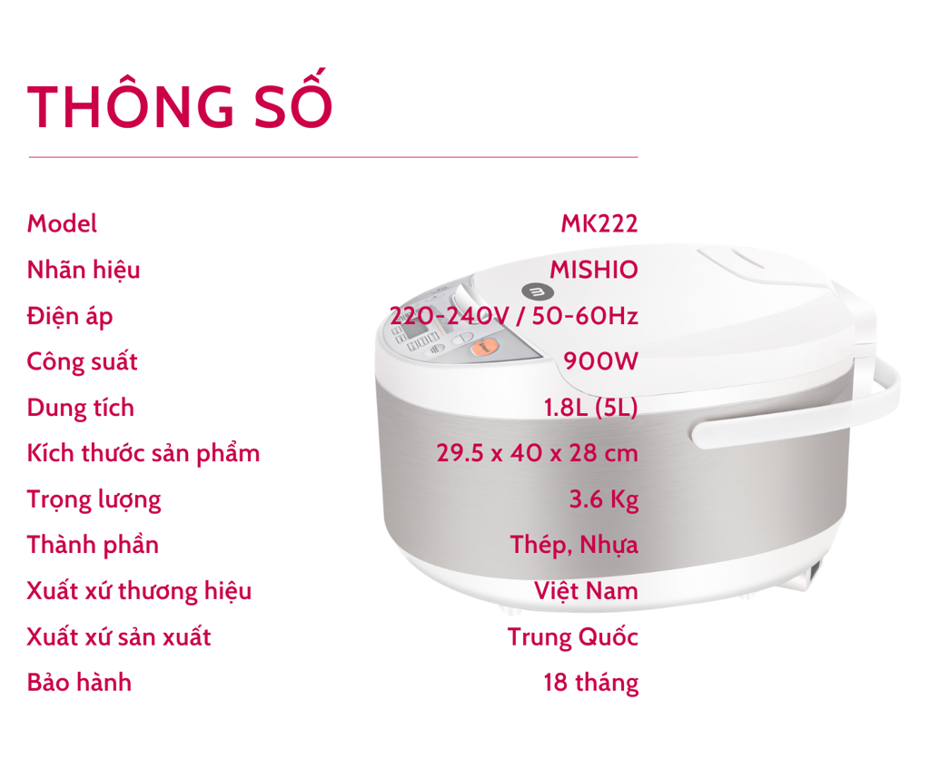 Nồi Cơm Điện Tử Lòng Niêu Mishio MK222 Màu trắng - Hàng chính hãng