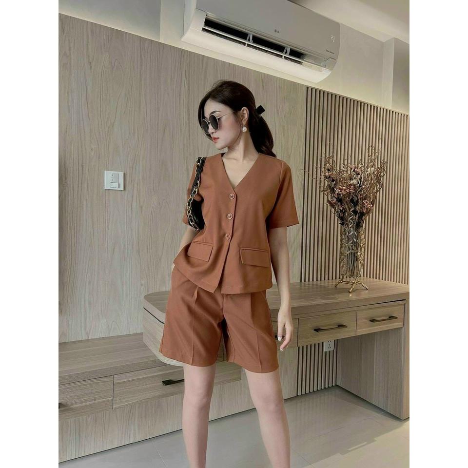 Set đồ nữ sang chảnh đi chơi đi biển Minh Phúc, bộ nữ áo tay ngắn cổ tim phối quần đùi phong cách thiết kế mới lạ