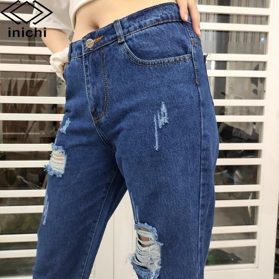 Quần baggy jean nữ Q682 xanh đậm cạp cao rách gối INICHI