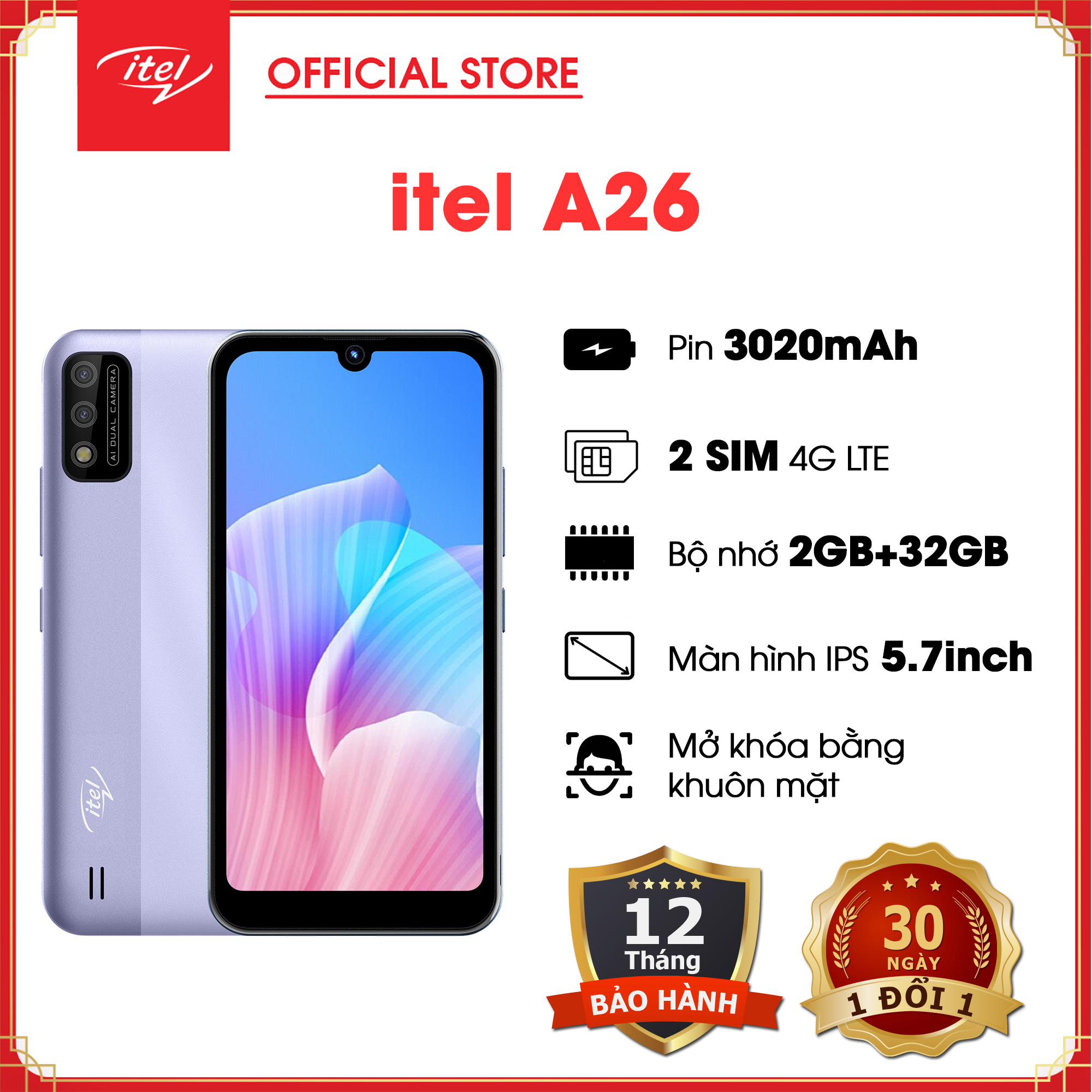 Điện thoại thông minh itel A26  2 Sim 2 Sóng 4G LTE - Màn hình IPS 5.7" - RAM 2GB + ROM 32 GB - Mở khoá bằng Gương Mặt -  Hàng chính hãng
